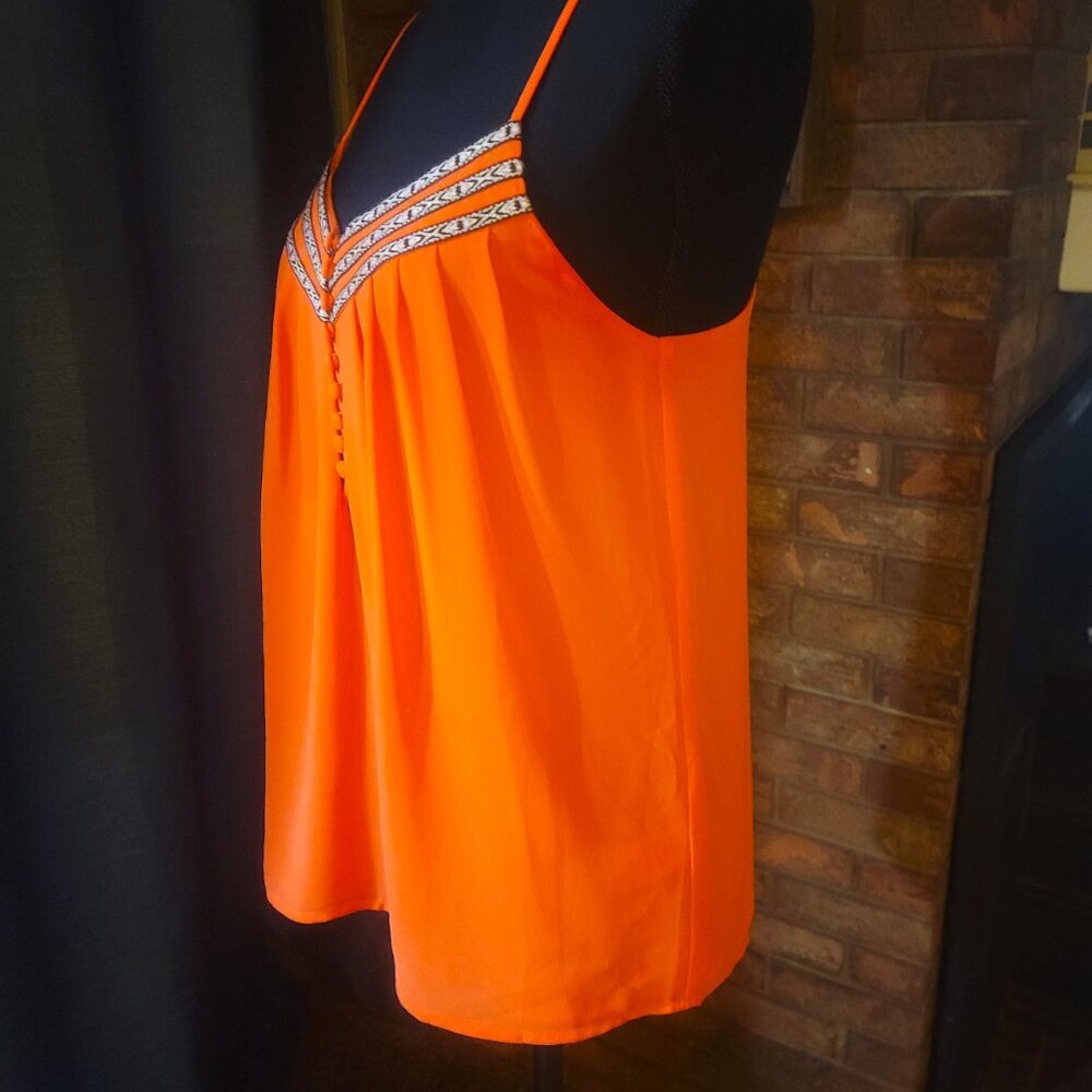 Naked Zebra Orange Strappy Flowy Tank Blouse - Embroidered Accent - Size S - Picture 5 of 9
